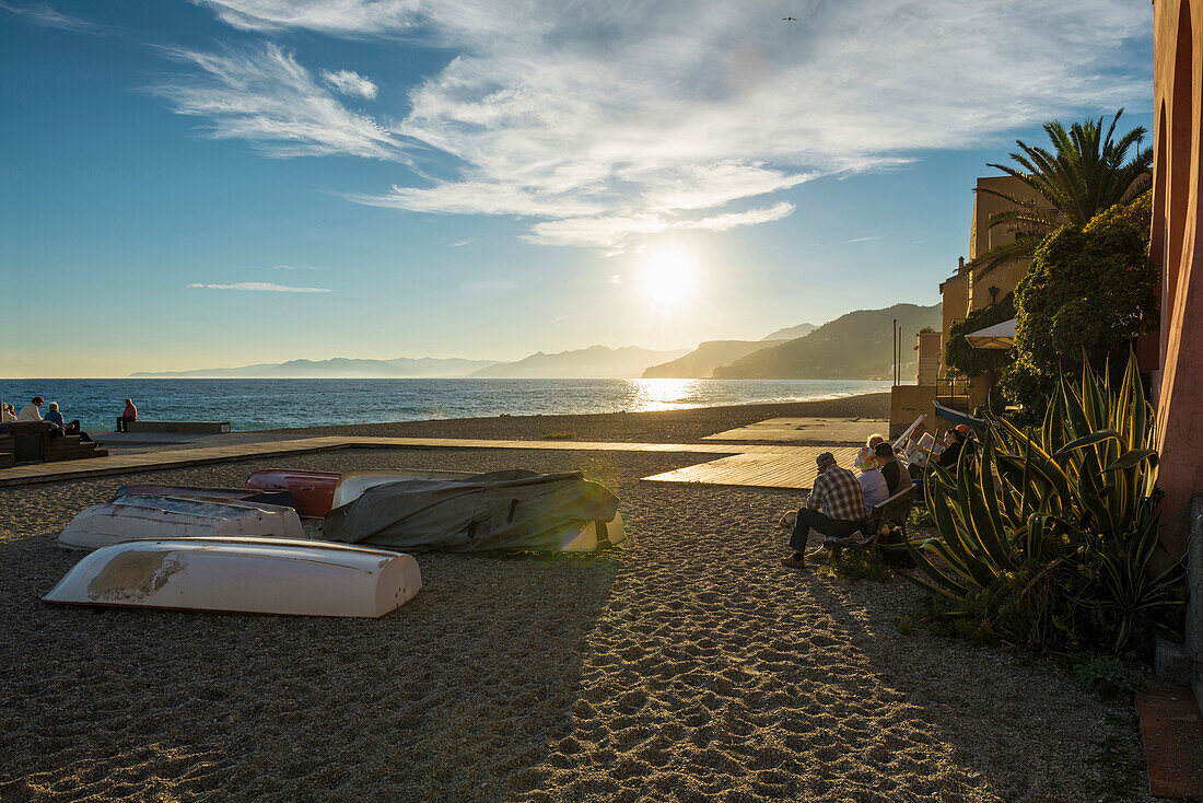 Boats at beach in sunset, Varigotti, Finale Ligure, Province of Savona, Liguria, Italy