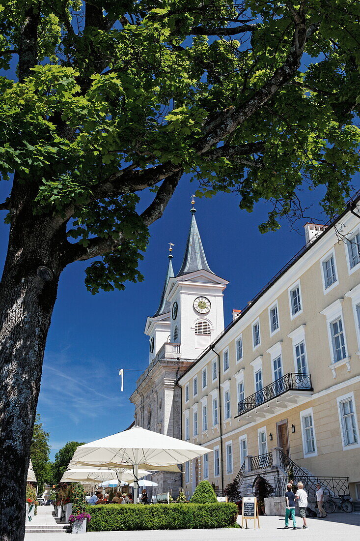 Terasse des Tegernseer Schlossrestaurant, Tegernsee, Oberbayern, Bayern, Deutschland