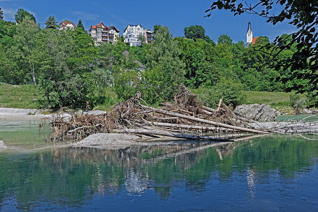 Piles of driftwood on the river Isar, Pullach, Munich, Upper Bavaria, Bavaria, Germany