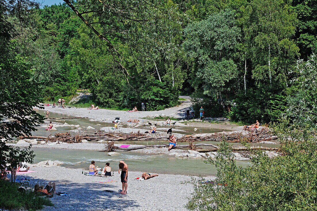 People bathing at Flaucher, river Isar, Munich, Upper Bavaria, Bavaria, Germany