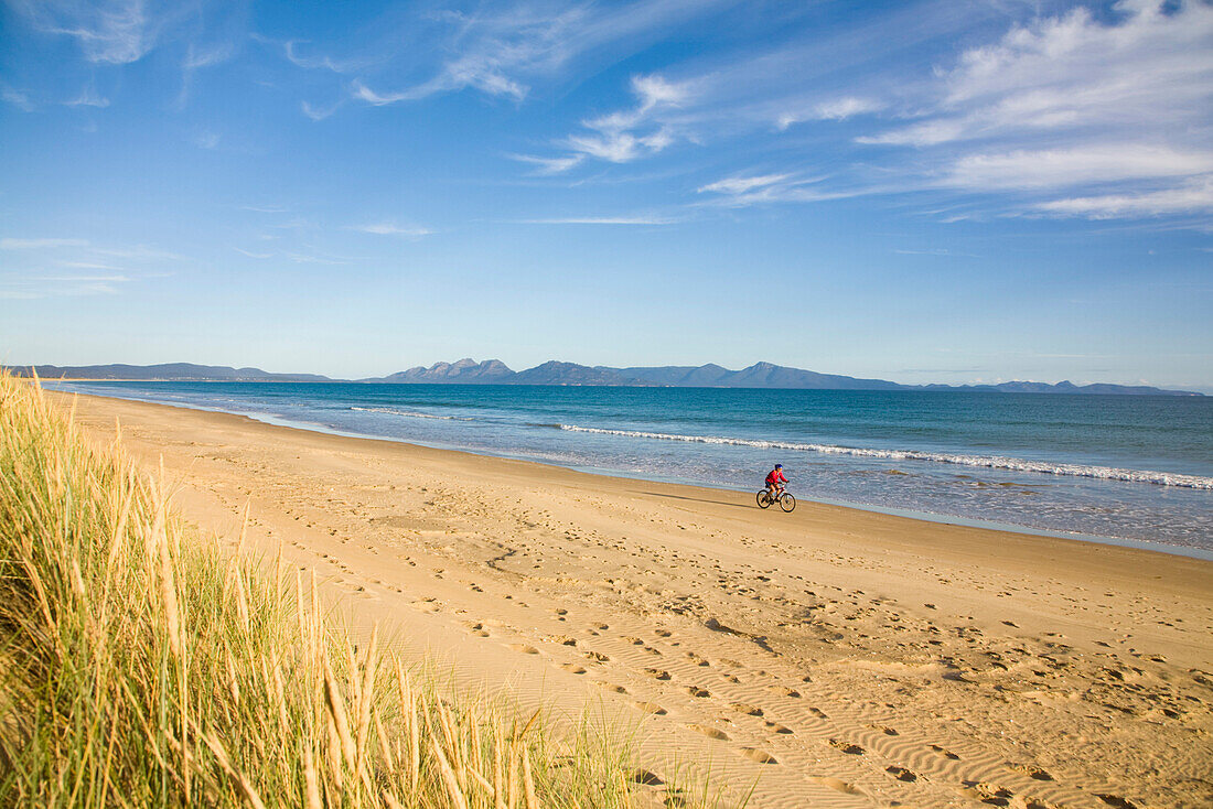 A woman enjoying a bike ride on Nine Mile Beach on the east coast of Tasmania, Australia Tasmania, Australia