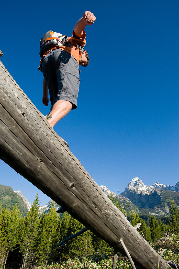 A young man hiker balances on an old log in the Grand Teton National Park, Wyoming Wyoming, USA