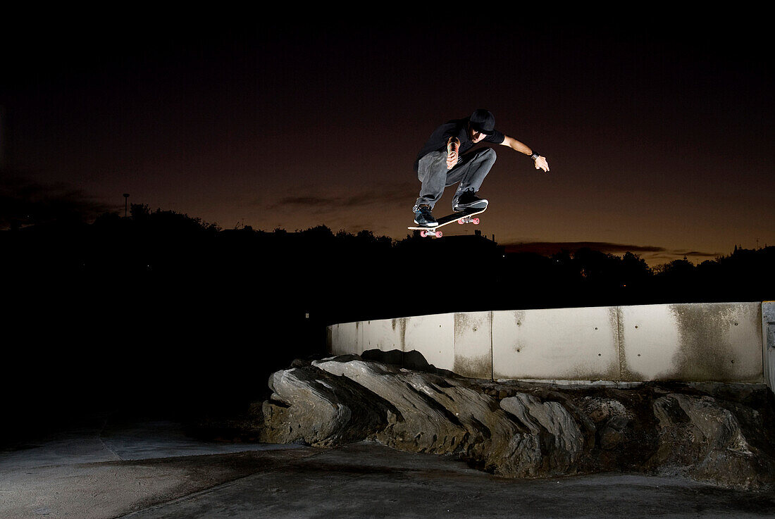 A skater performs a large air jump in Clovelly, New South Wales, Australia Clovelly, New South Wales, Australia