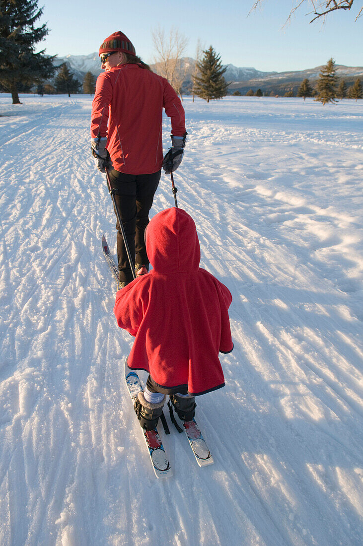 Mother and daughter Nordic skiing in Durango, Colorado Durango, Colorado, USA