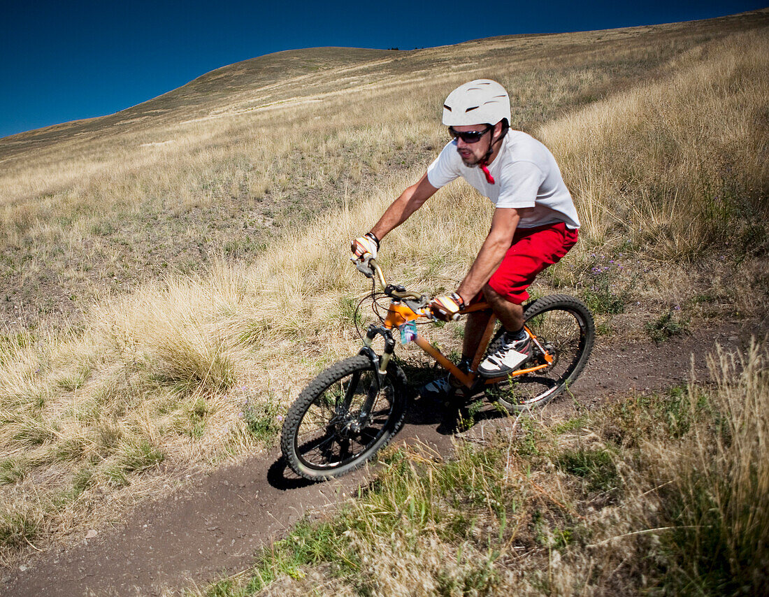 A male mountain biker pedals the trail on Mt. Sentinel, Missoula, Montana Missoula, Montana, USA