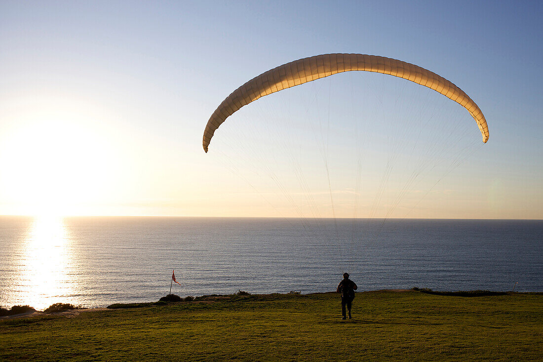 Paraglider prepares to take off at the paragliding port in Torrey Pines, San Diego, California San Diego, California, USA