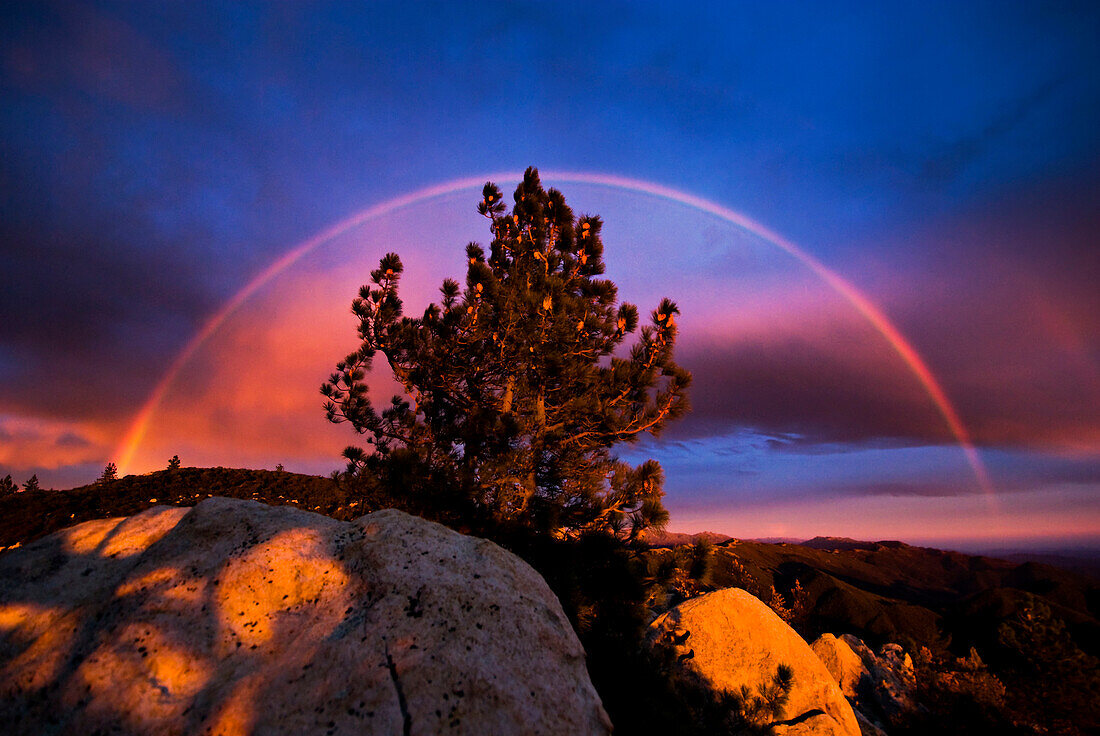 A rainbow is formed during a passing storm at sunset from White Mountain, CA Santa Barbara, California, USA