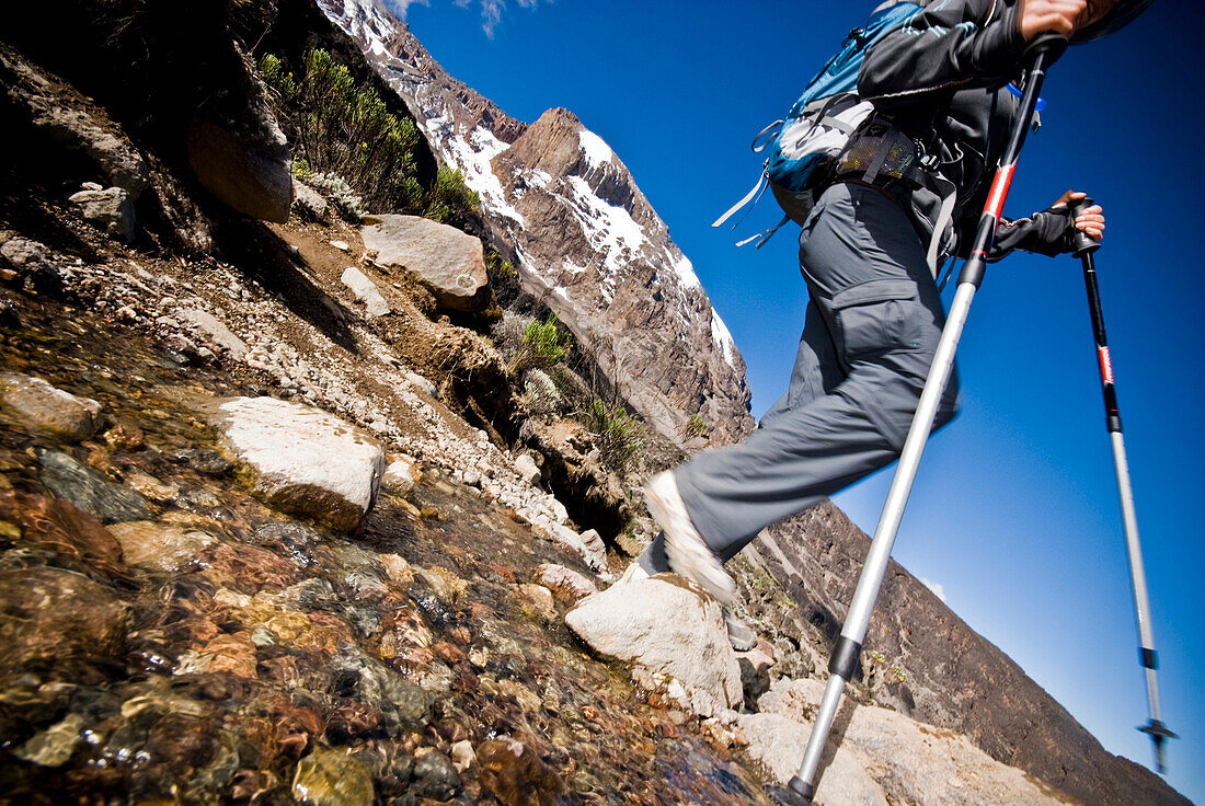 A hiker with trekking poles cross a small stream high on Mt. Kilimanjaro Tanzania