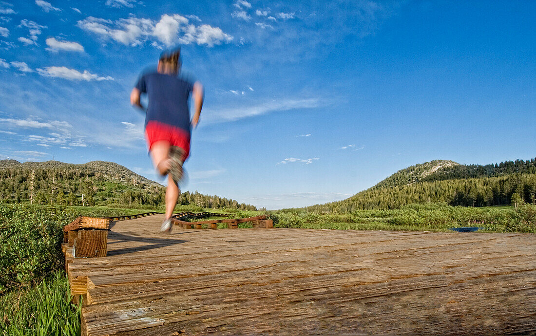 Heading out for an evening trail run, a young woman follows the wooden path to the trail in Lake Tahoe, Nevada Incline Village, Nevada, USA