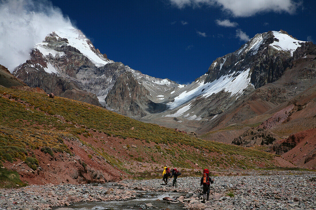 Mountaineers hiking into base camp on Aconcagua Polish Route, Andes Mountains, Argentina Mendoza, Andes Mountains, Argentina