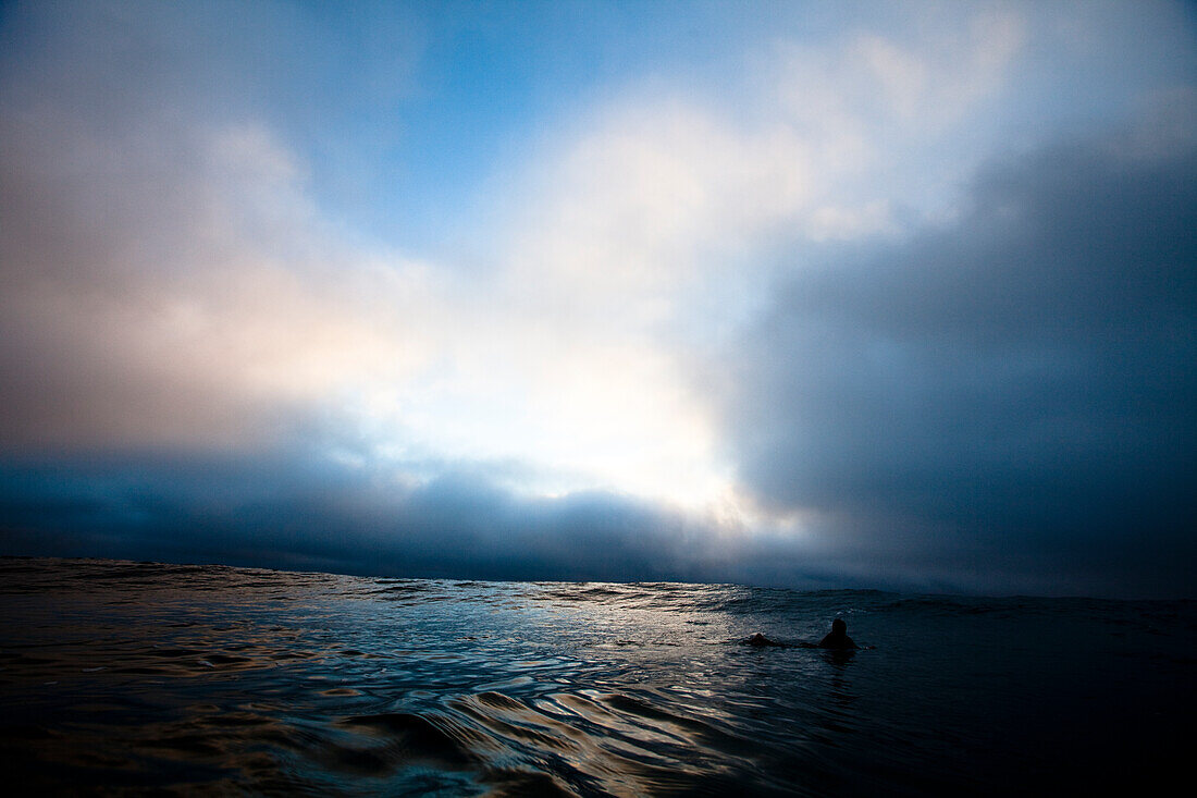A male surfer paddles back out at Zuma Beach in Malibu, California Malibu, California, United States of America