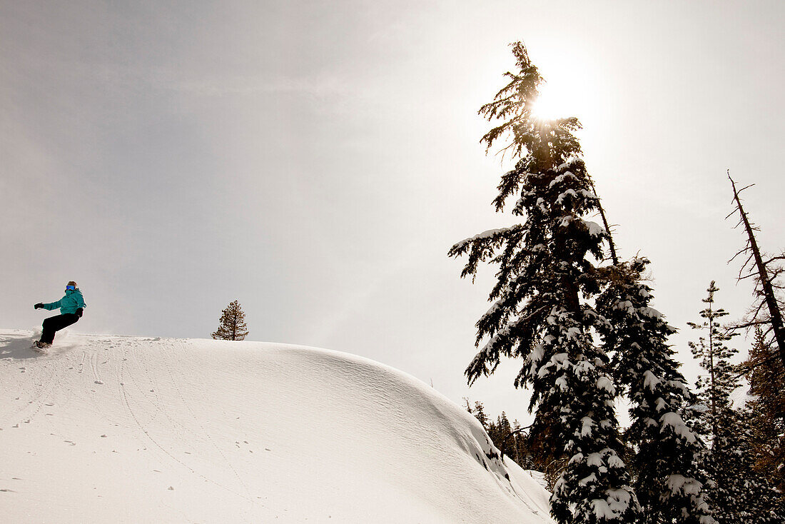 A female snowboarder lays out some fresh tracks while snowboarding in Squaw Valley, California Squaw Valley, California, United States of America