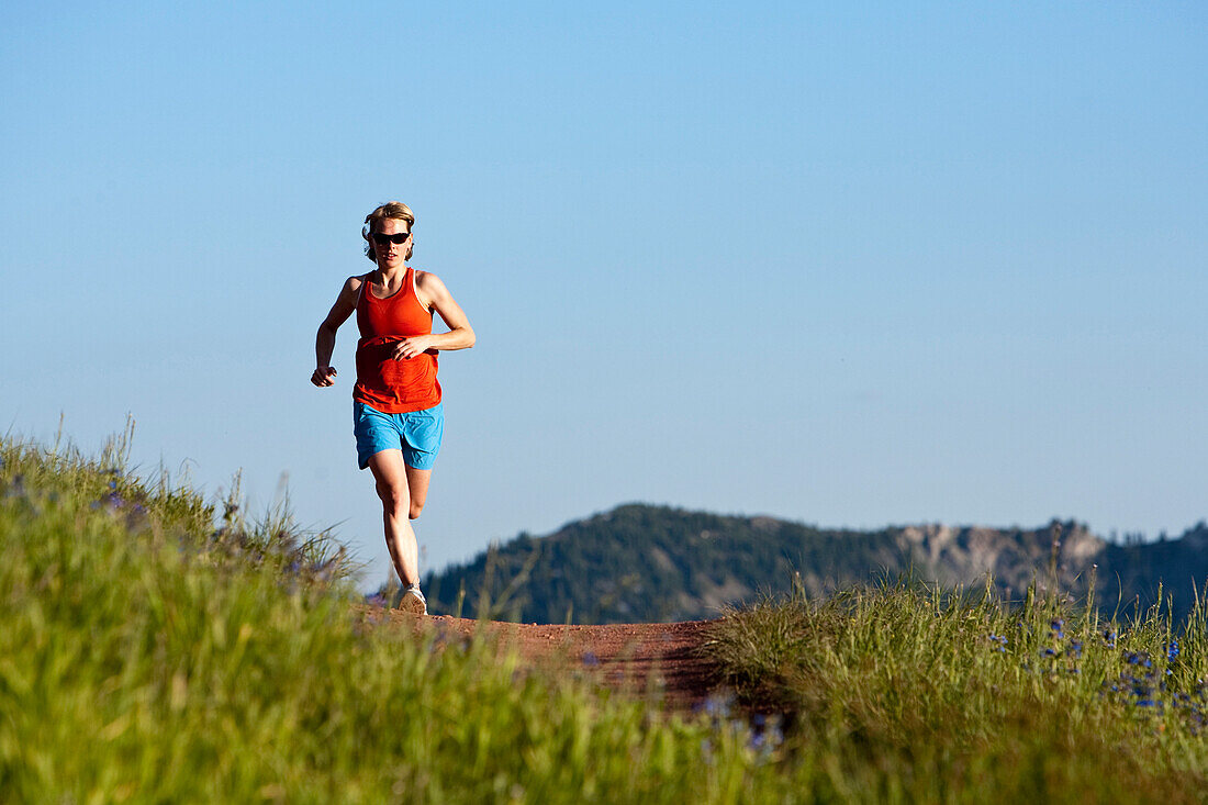 A woman  trail running on the crest trail. Big Cottonwood Canyon, Utah, Utah, USA