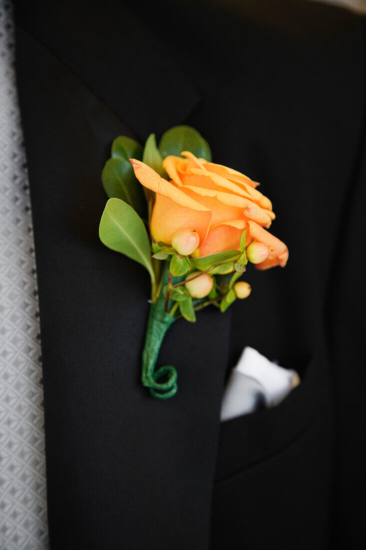 Close up of boutonniere on lapel, Seattle, WA