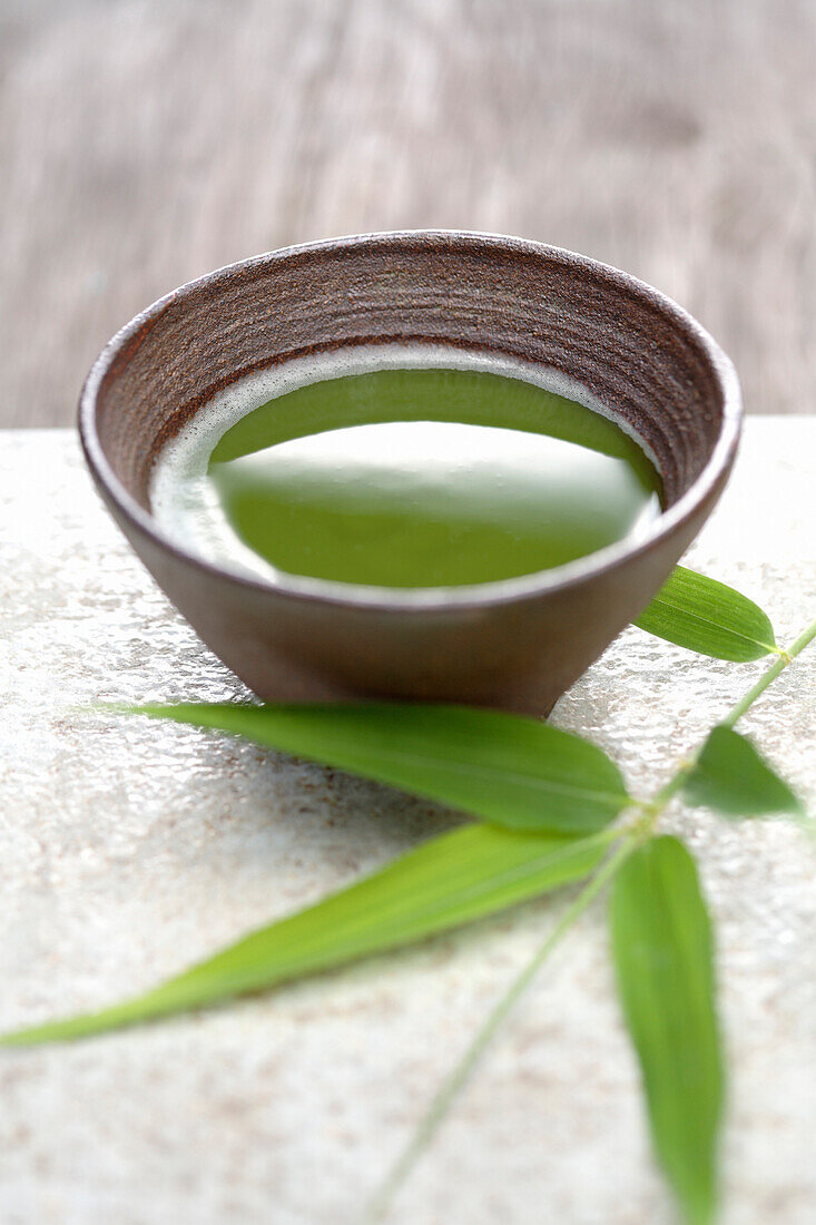 Close up of Japanese green Matcha tea and bamboo sprig, Santa Fe, New Mexico, United States