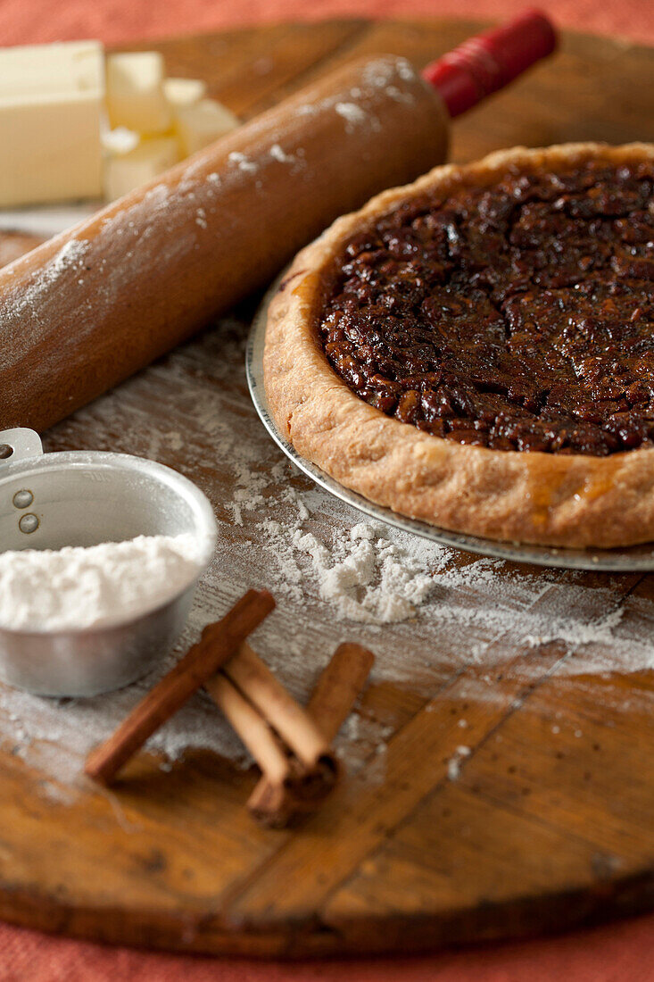 Baking ingredients and pecan pie, Los Angeles, California, United States