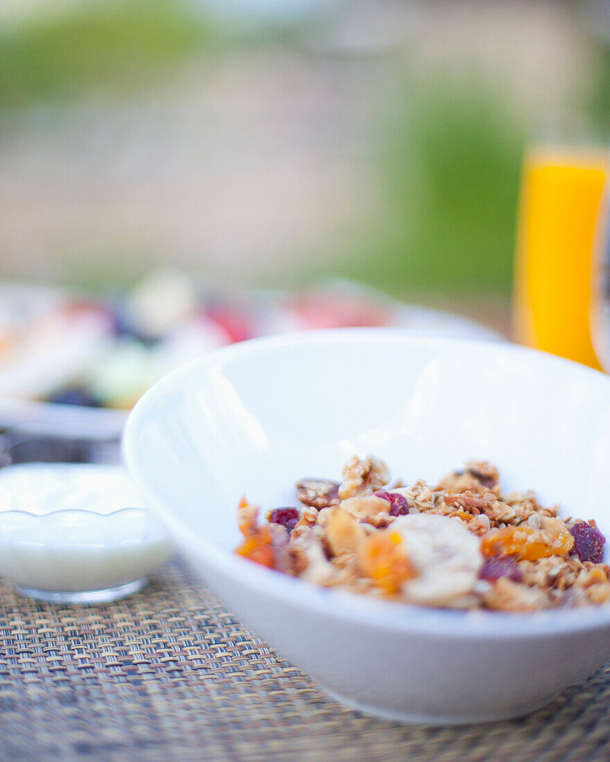 Close up of cereal in bowl, Stowe, Vermont, USA