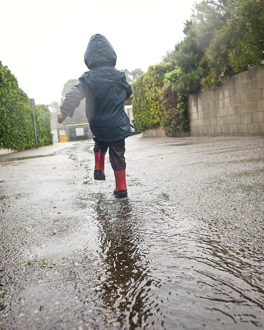 Caucasian boy walking in rain puddle, Torrance, California, United States