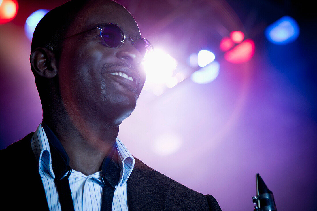Black musician on stage, Rockville, Maryland, USA