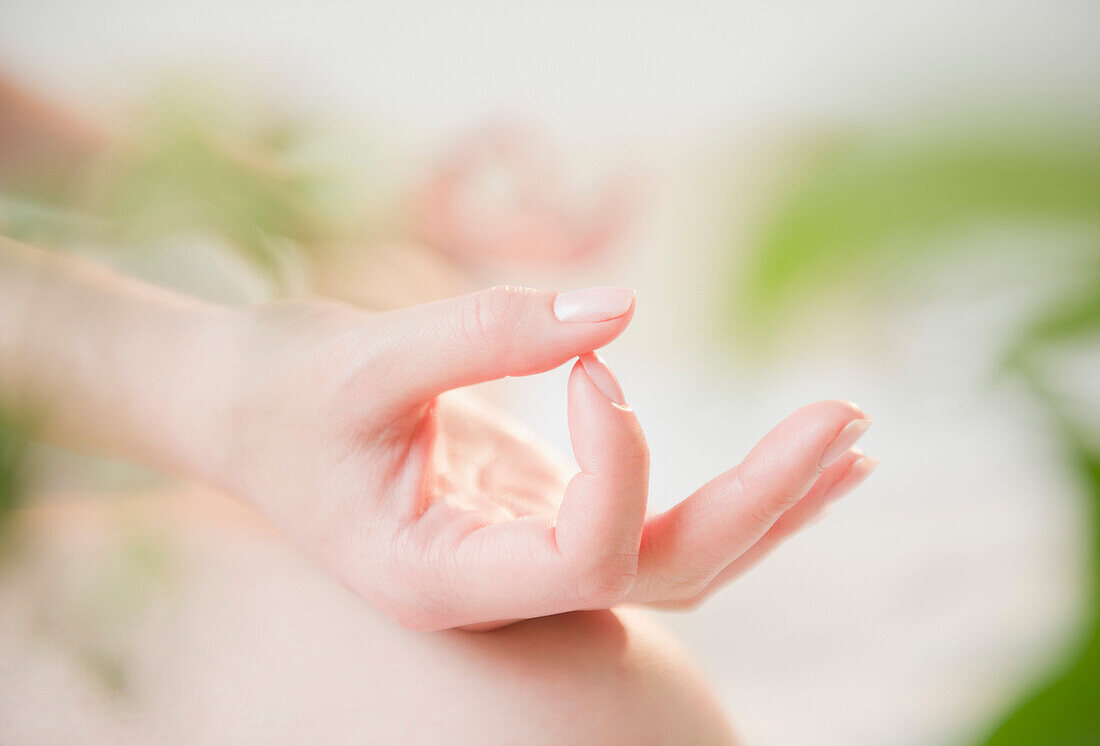 Close up of Korean woman's hands making yoga gesture, Jersey City, New Jersey, USA