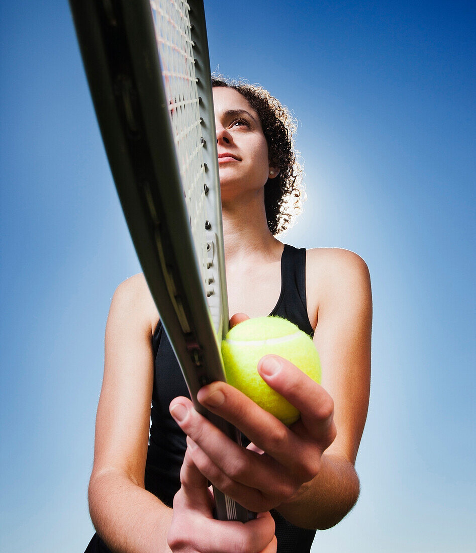 Caucasian woman playing tennis, Lehi, Utah, USA