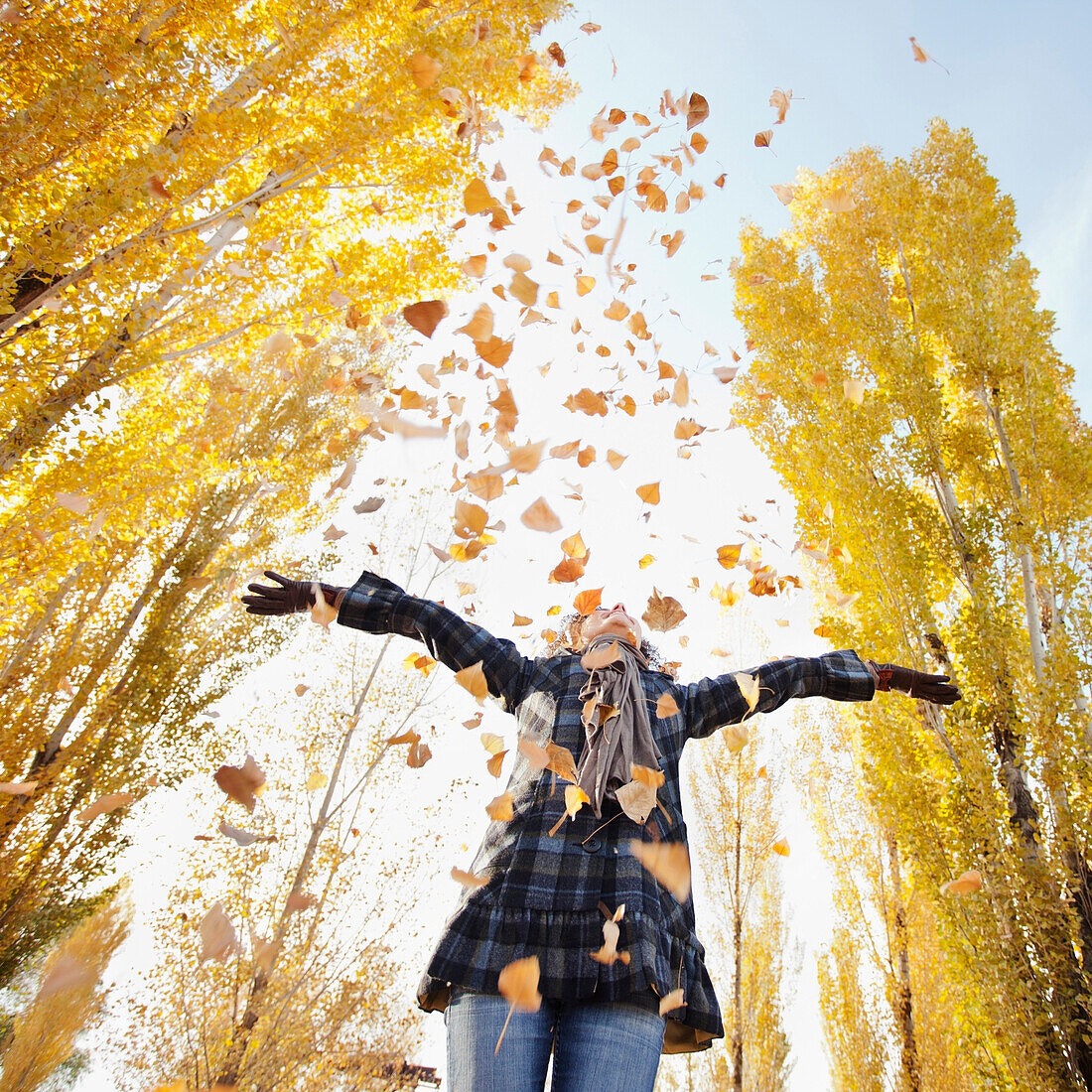 Caucasian woman playing with autumn leaves, Provo, Utah, USA