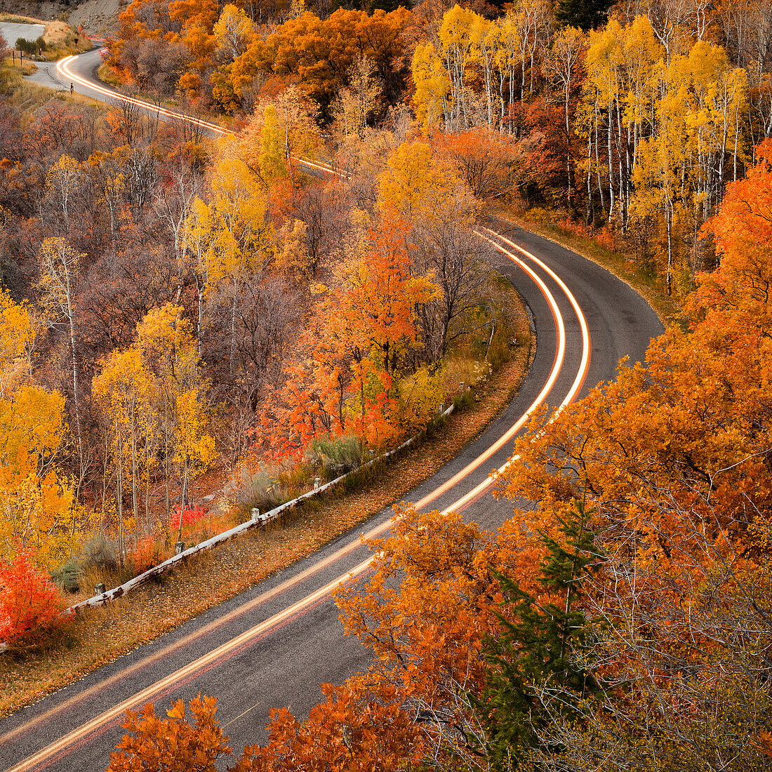 Long exposure of car driving on road through autumn leaves, Alpine, Utah, USA