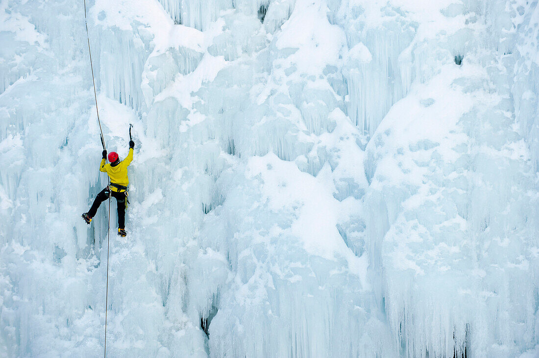 Caucasian man climbing ice, Ouray, Colorado, USA