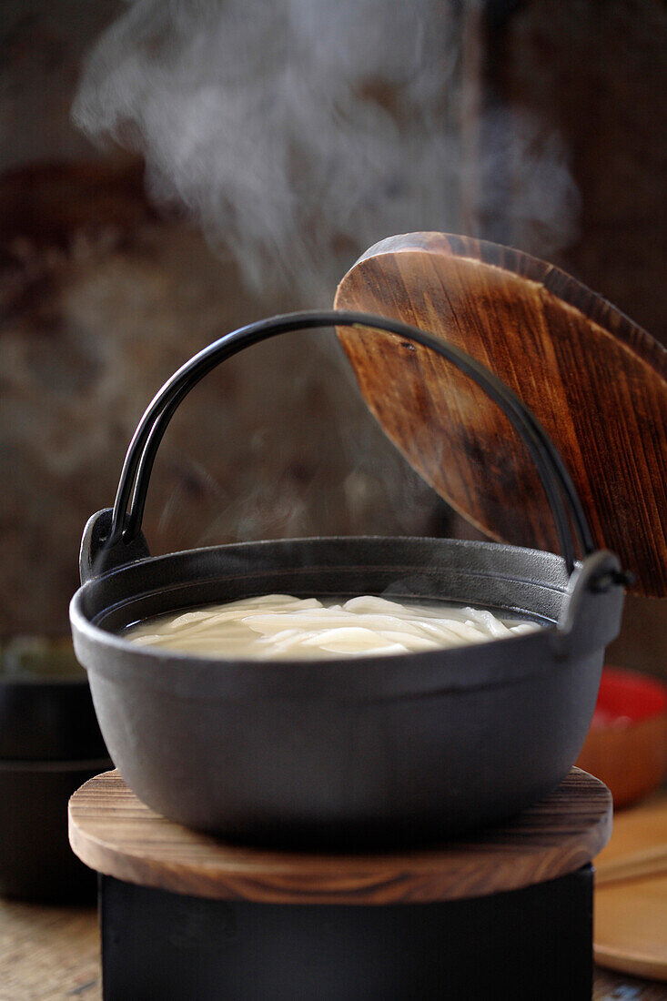 Steaming pot of soup with udon noodles, Santa Fe, New Mexico, USA