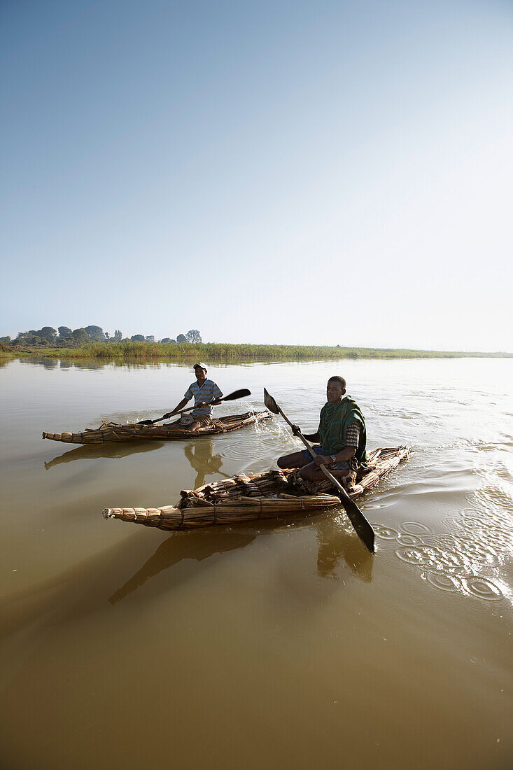 Men in papyrus boats, Tana Lake, Bahir Dar, Amhara region, Ethiopia