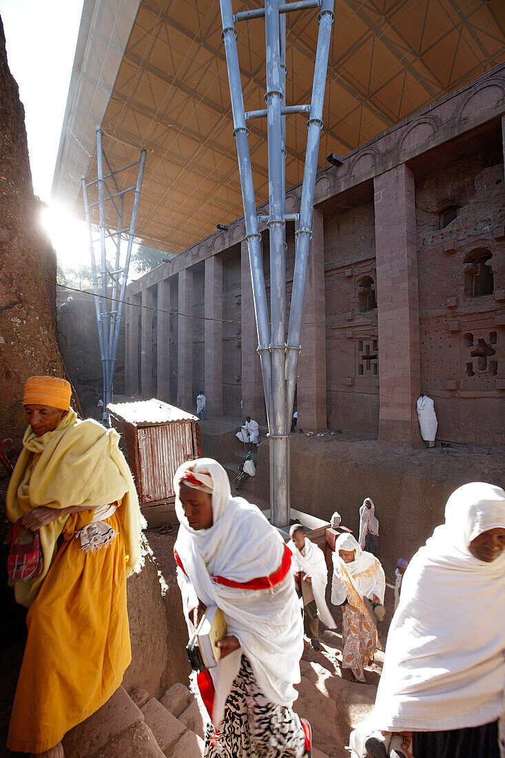 Believers at Sunday Mass, monolithic church Bete Medhane Alem, Church of St. George, Lalibela, Amhara region, Ethiopia