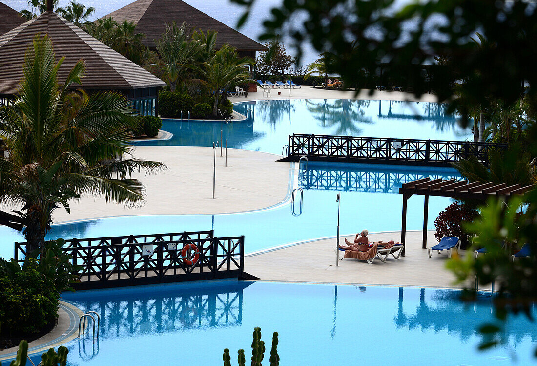 View over a hotel pool, Fuencaliente, La Palma, Canary Islands, Spain