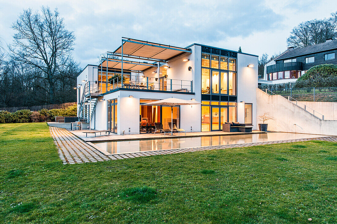 Bauhaus villa at dusk, Sauerland, Germany