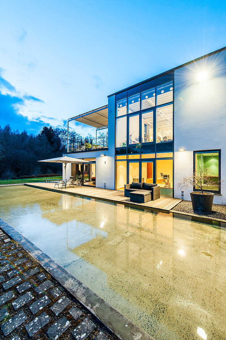 Bauhaus villa at dusk, Sauerland, Germany