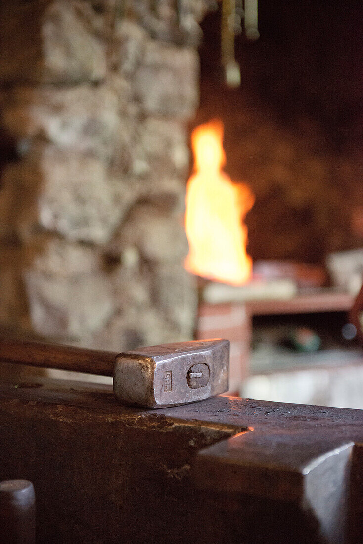 Anvil and hammer, hammer mill, Blaubeuren, Baden-Wuerttemberg, Germany