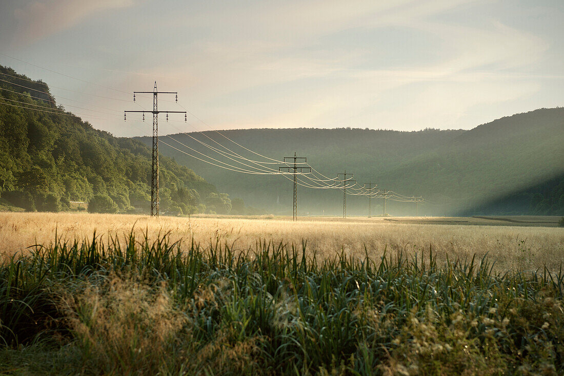 Landschaft mit Strommasten im Morgenlicht, Schelklingen, Biosphärengebiet Schwäbische Alb, Baden-Württemberg, Deutschland