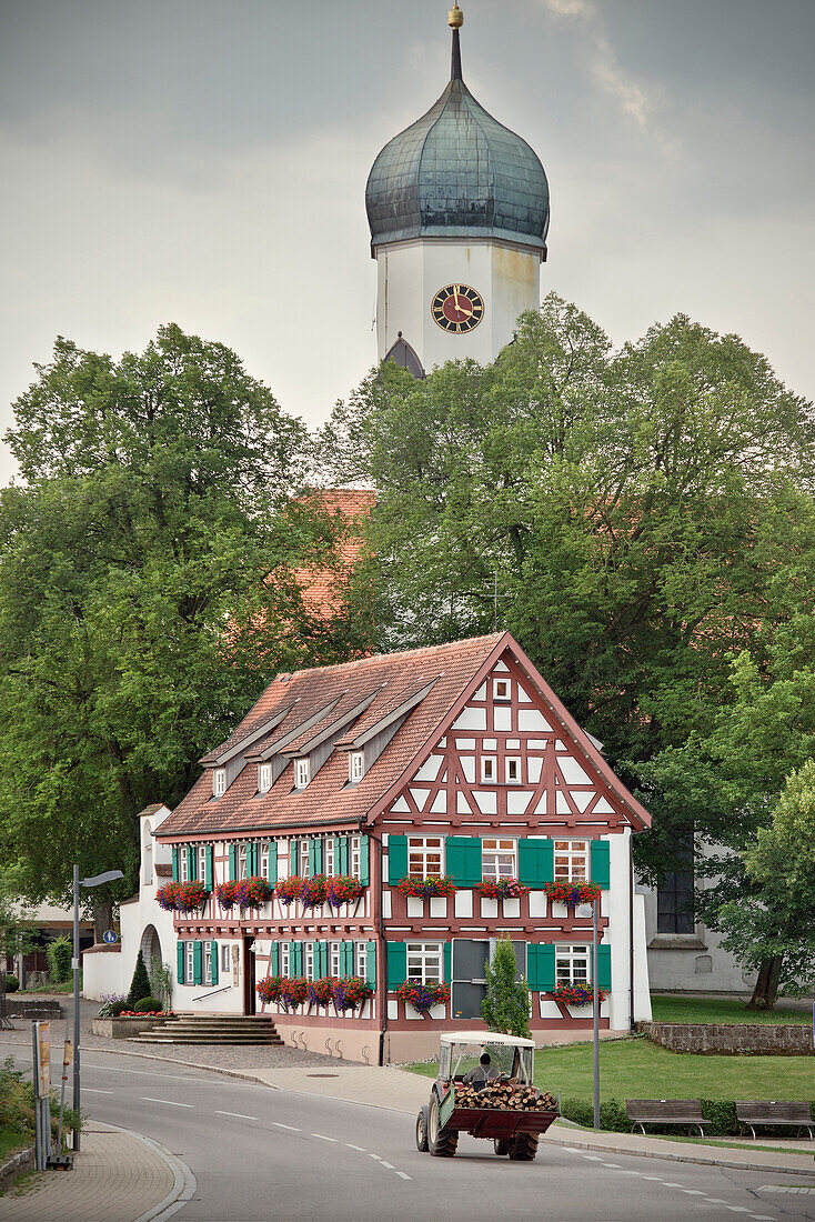 Haus des Gastes and church of St. Stephen, Westerheim, Baden-Wuerttemberg, Germany