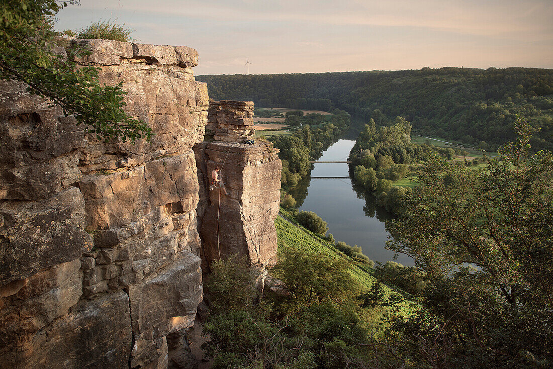 Rope climbing, Hessigheim Rock Gardens, Hessigheim, Baden-Wuerttemberg, Germany