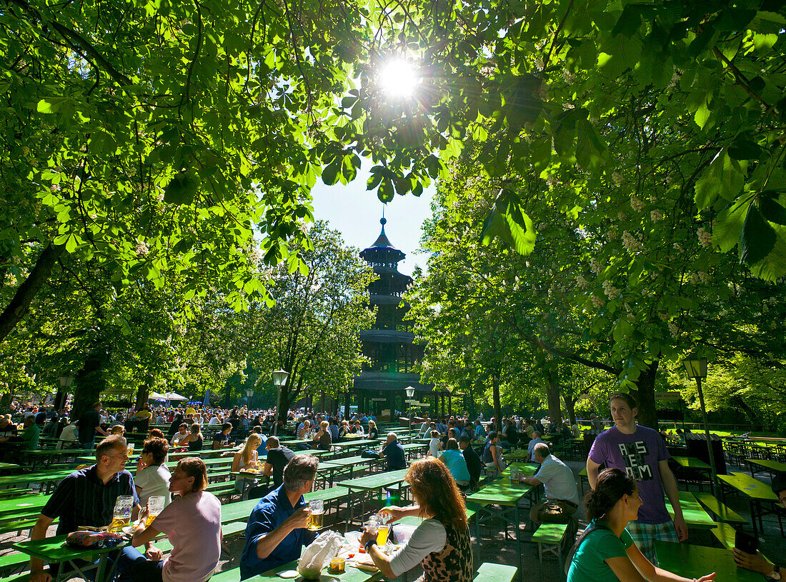 Beer garden and Chinese Tower in the English Garden, Englischer Garten, Munich, Upper Bavaria, Bavaria, Germany