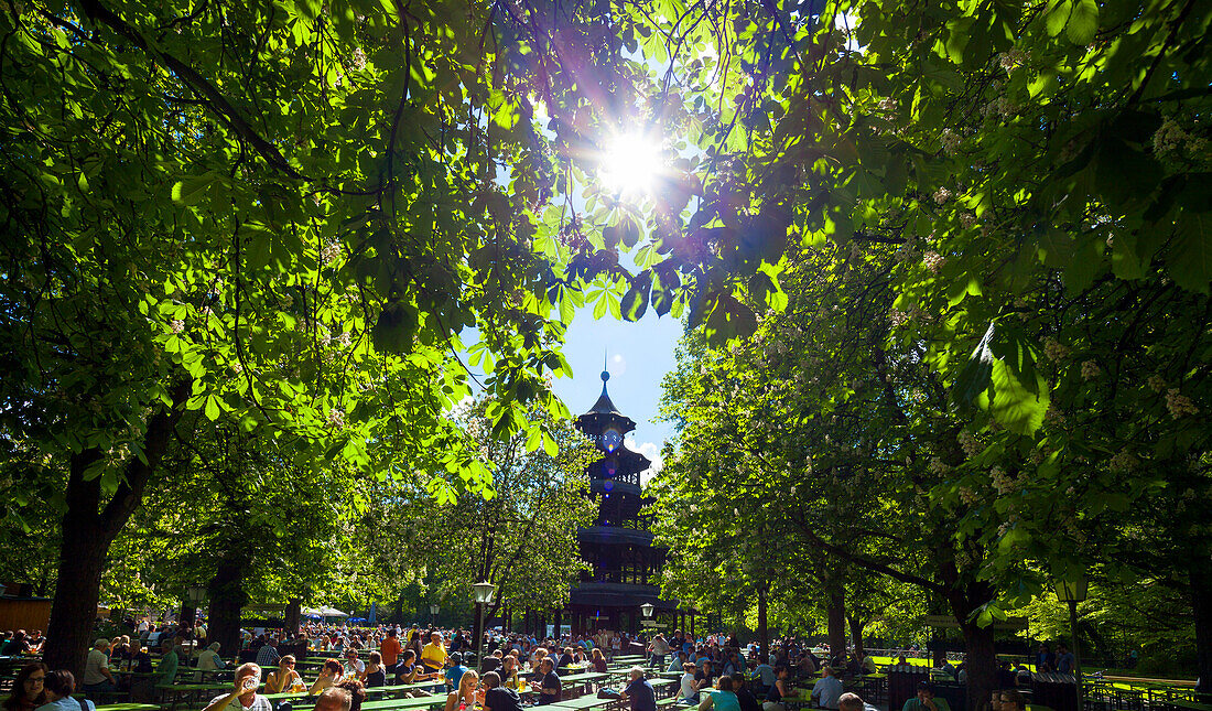 Beer garden and Chinese Tower in the English Garden, Englischer Garten, Munich, Upper Bavaria, Bavaria, Germany