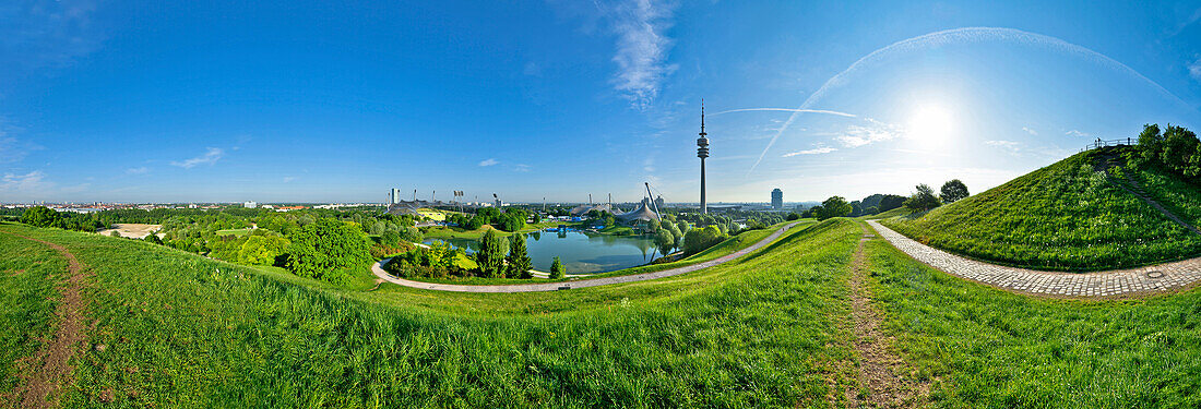 Olympia park with Olympia tower and BMW building, Munich, Upper Bavaria, Bavaria, Germany