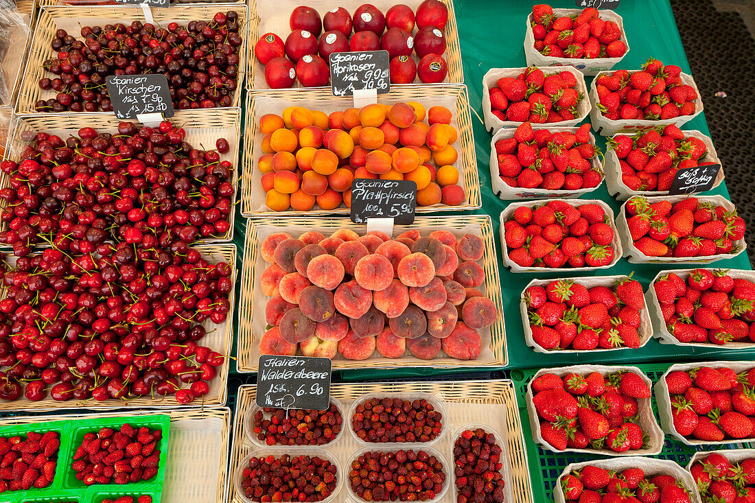 Fruit and vegetable stall on the market, Viktualienmarkt, Munich, Upper Bavaria, Bavaria, Germany