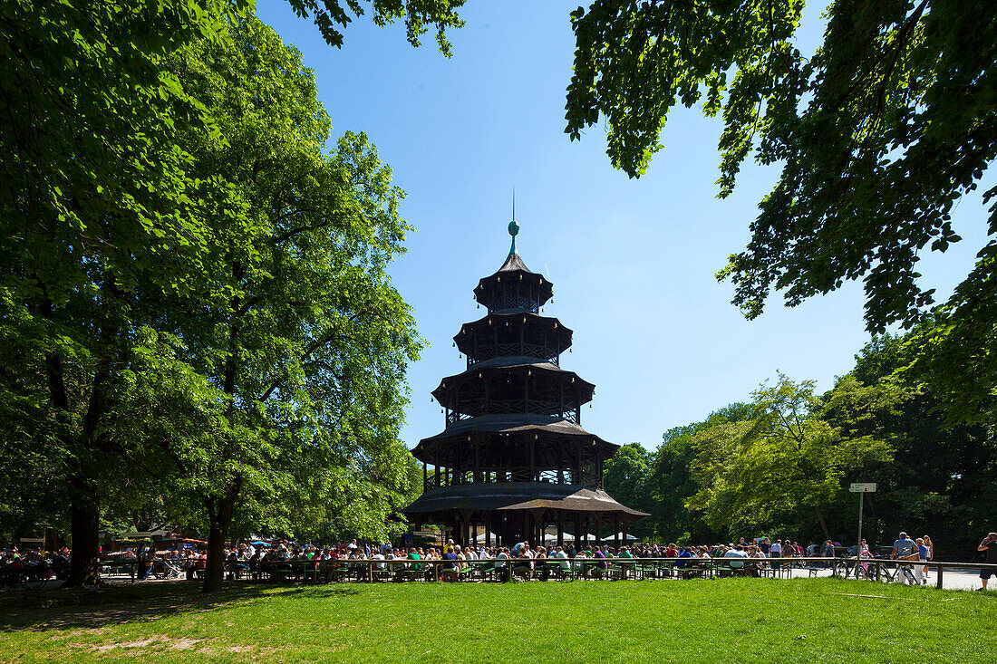 Beer garden at Chinese Tower, English Garden, Englischer Garten, Munich, Upper Bavaria, Bavaria, Germany