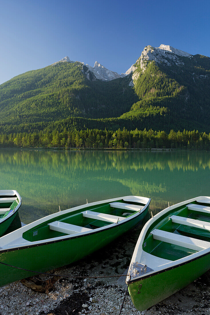 Boats at lake Hintersee, Berchtesgadener Land, Bavaria, Germany