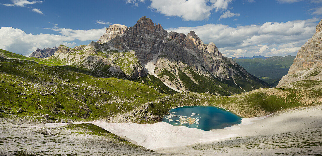 Neunerkofel with field of snow, Ice lake, South Tyrol, Dolomites, Italy