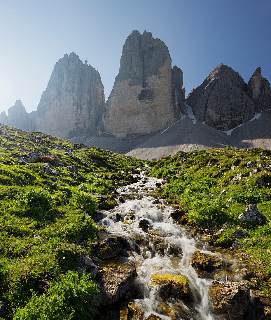 Drei Zinnen, North faces with stream and Alp, South Tyrol, Dolomites, Italy