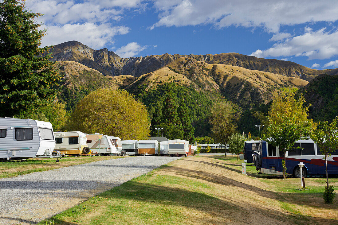 Camping site near Arrowtown, Otago, South Island, New Zealand