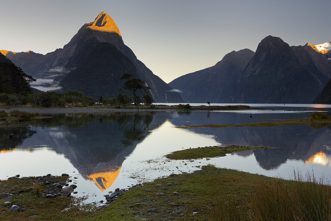 Milford Sound mit Spiegelung, Fiordland Nationalpark, Southland, Südinsel, Neuseeland