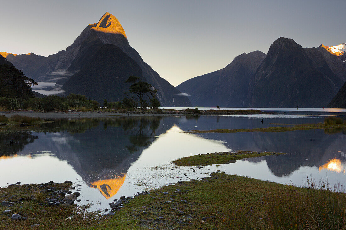 Milford Sound with reflection, Fiordland National Park, Southland, South Island, New Zealand