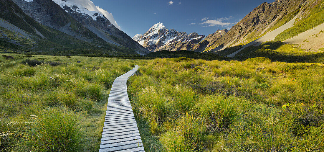 Wooden path, Aoraki, Hooker River, Mount Cook National park, Canterbury, South Island, New Zealand